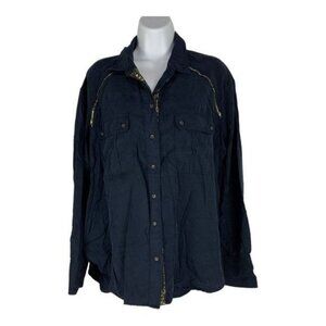 Free People Navy Button-Up Shirt With Gold Accents & Front Pockets Size Medium